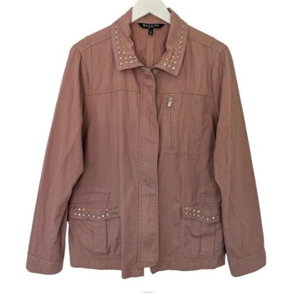 BACCINI Jacket Large Lightweight Cotton Pink Mauve Studded Cinched Waist Large